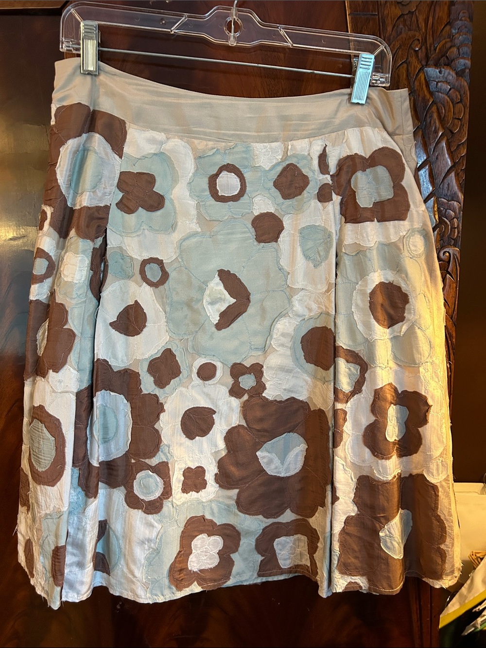 Nougat London Light Blue, White & Brown Patchwork A-Line Skirt
